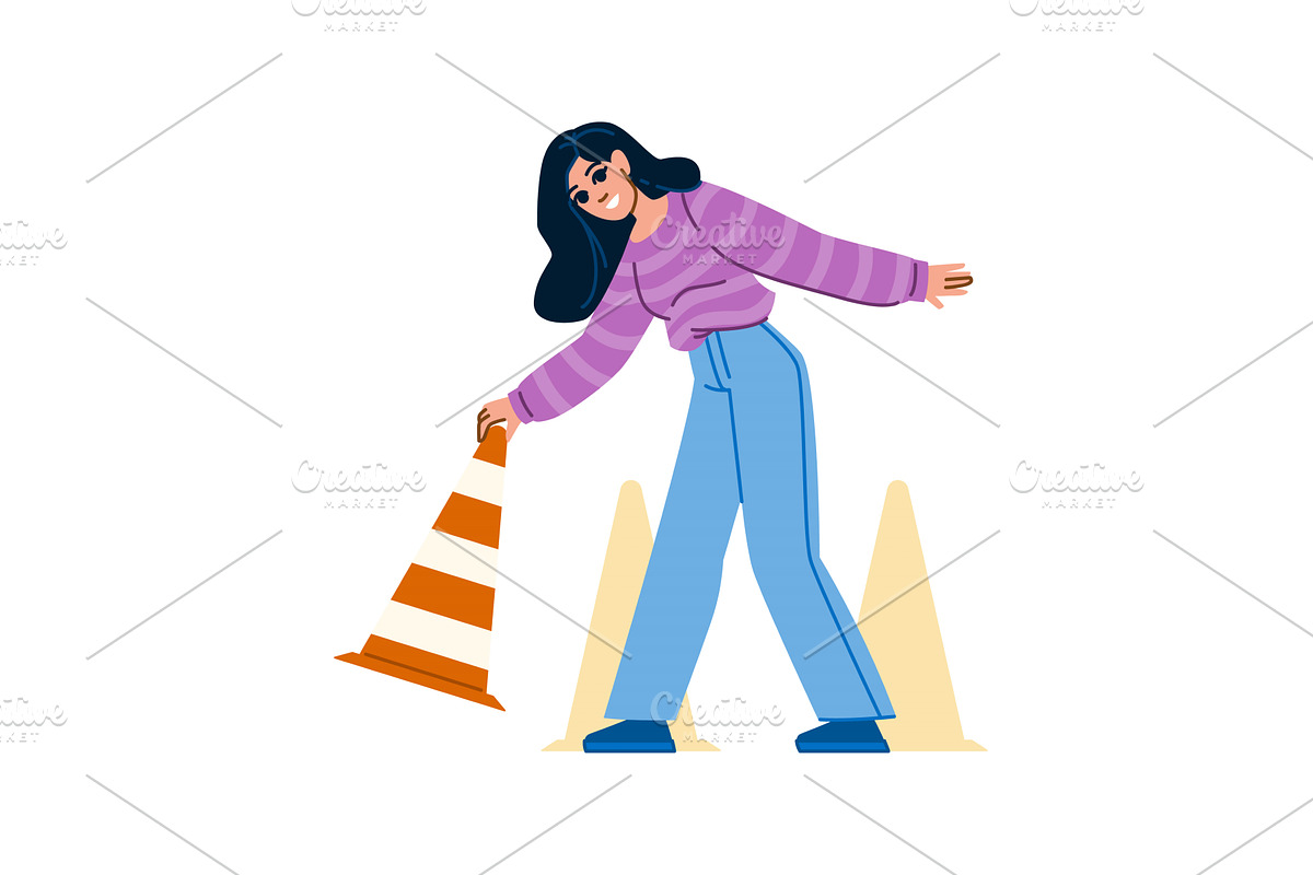 Young woman placing traffic cones, an Illustration by pikepicture