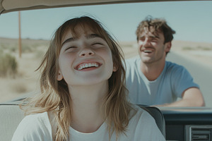 Young woman smiling in passenger sea, a Photo by Dvoevnore photos