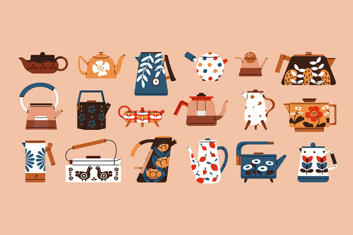 Teapots, kettles set + patterns, an Object Illustration by PaperTrident