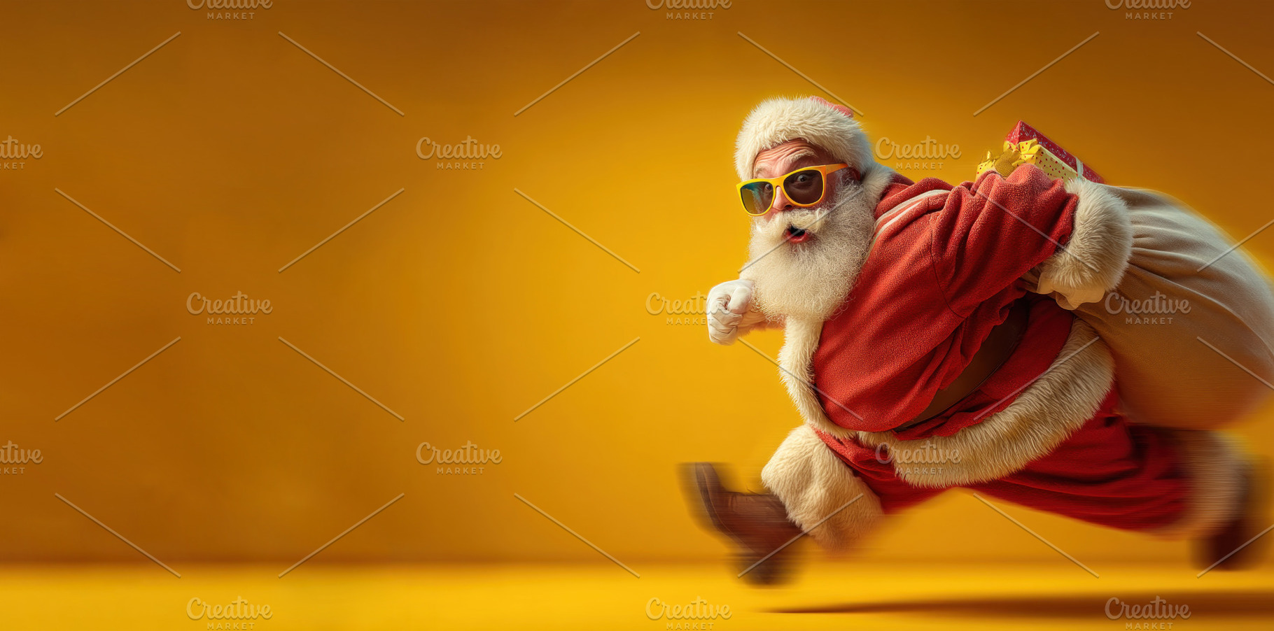 Cool Santa Claus in motion wearing sunglasses and running with g, a Person Photo by José Manuel Gelpi