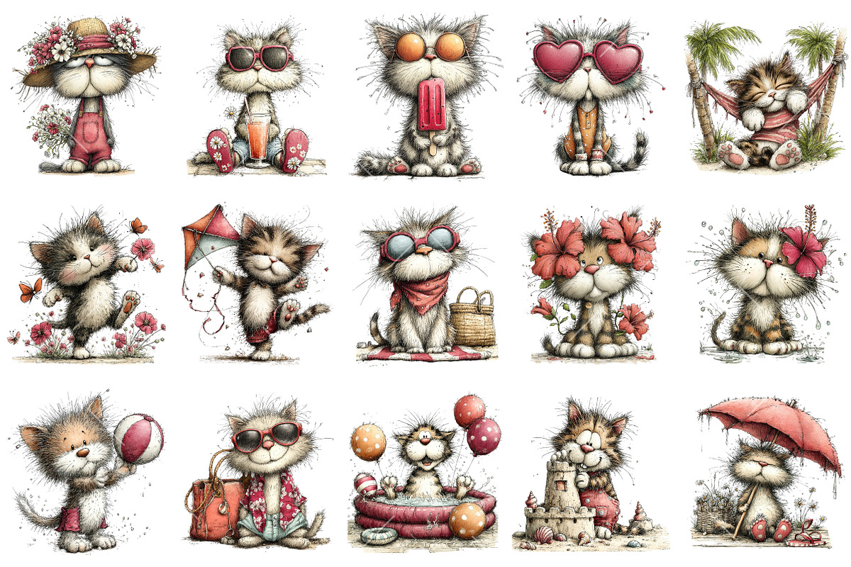 Whimsical Summer Cat Clipart, an Illustration by OK Design (Photo 3 of 6)