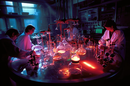 Team of scientists conducting experiments in a chemistry lab. Ge, a Health & Medical Photo by designvectx