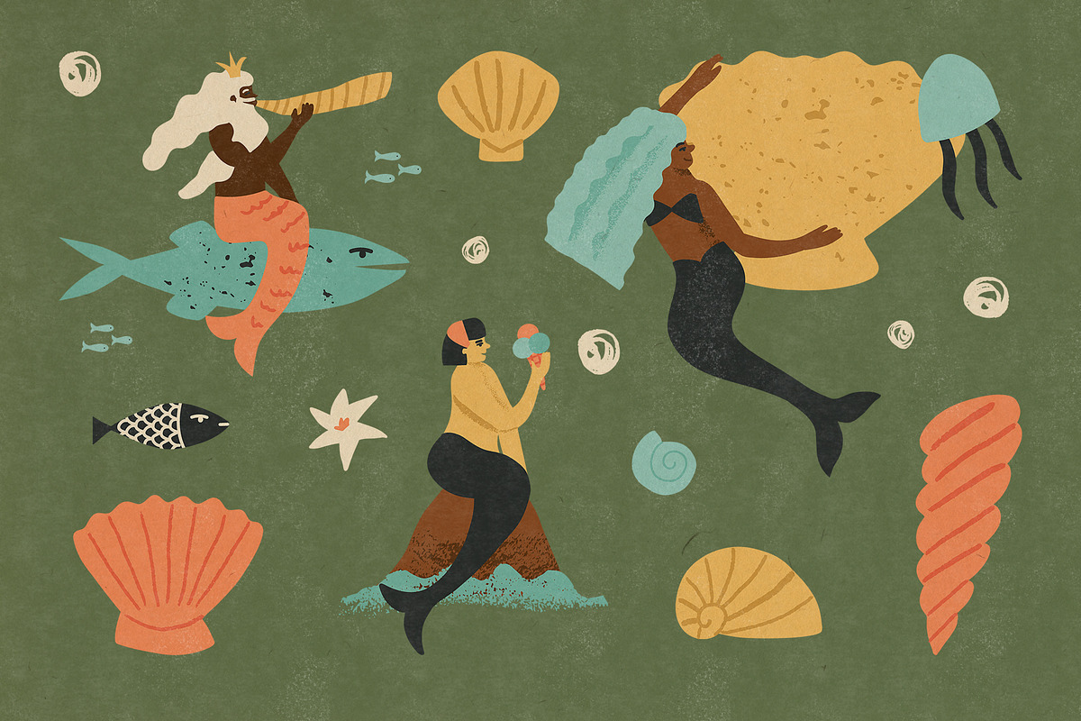 Retro Mermaids clipart and patterns, a Person Illustration by Paper Cherry (Photo 4 of 18)