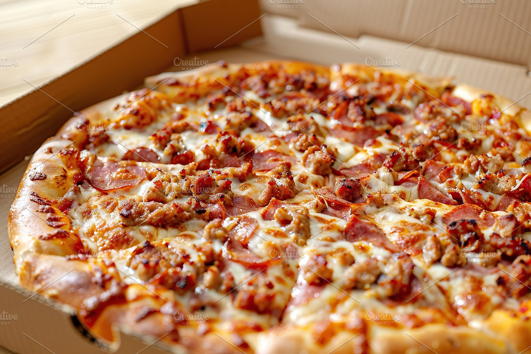 Fresh homemade pizza with cheese and meat in cardboard box, a Food & Drink Photo by AlyaAnd