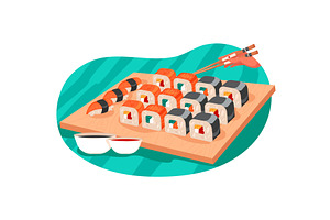 Sushi fast food on wooden tray, a Food Illustration by vectorpointstudio