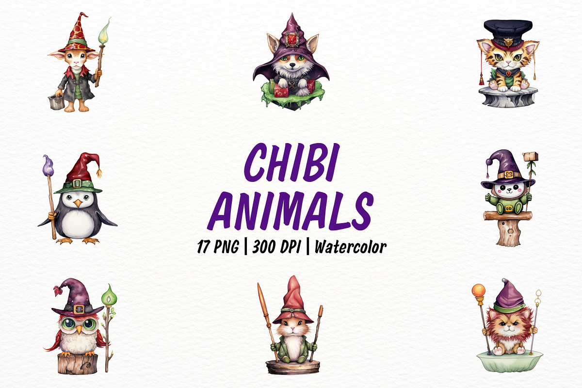 Cute Chibi Watercolor Animals, an Object Illustration by New-School-Wave (Photo 1 of 5)
