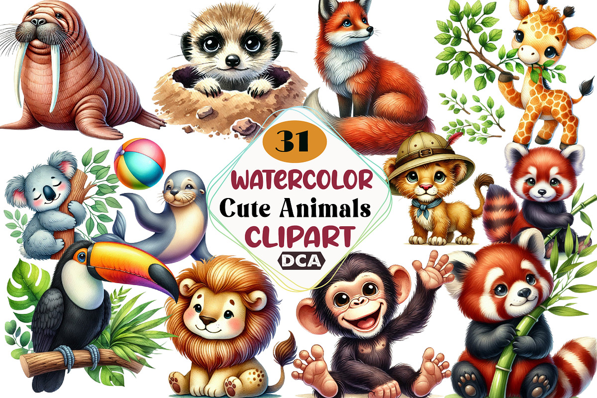 Watercolor Cute Animals Clipart, an Illustration by DreamCafeArt (Photo 1 of 4)