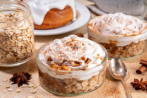 Delicious layered cinnamon roll overnight oatmeal, a Food & Drink Photo by Rimma