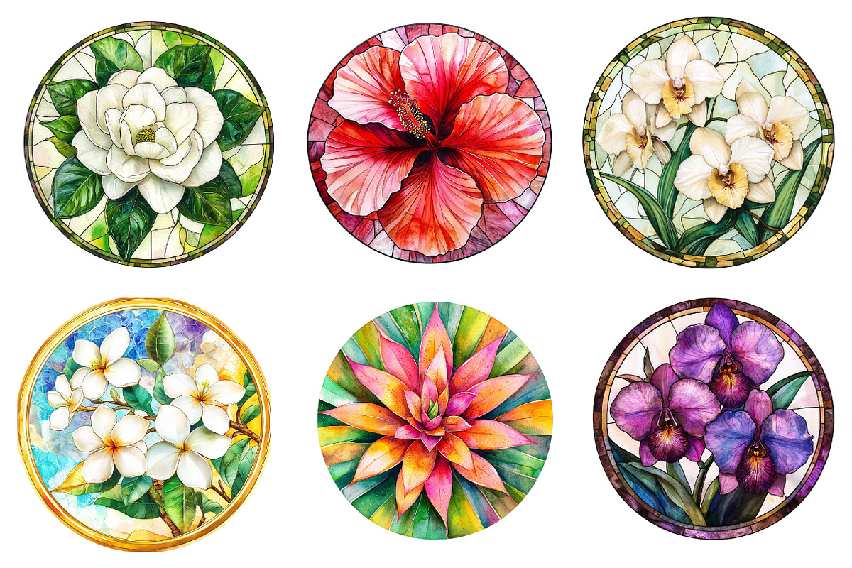 Round Stained Glass Tropical Flowers, an Illustration by CreationArt (Photo 3 of 4)