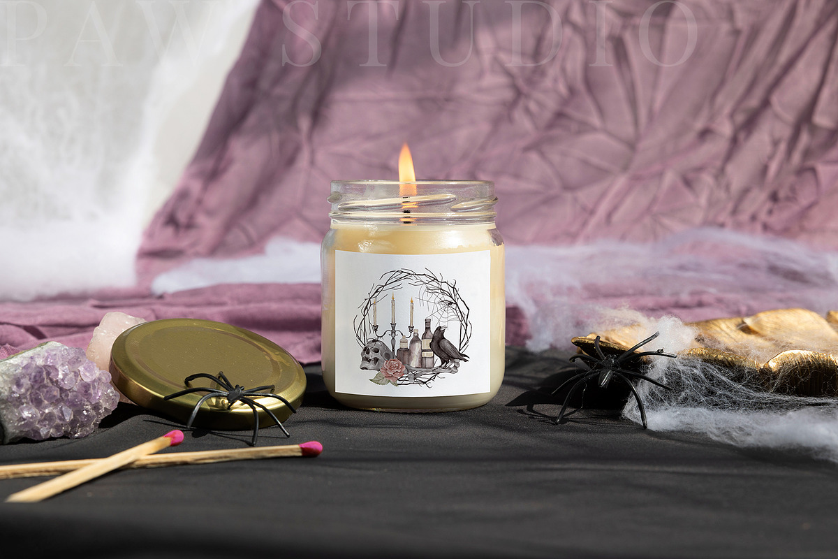 Halloween Candle Mockup Label fall, an Advertising Mockup by PawMockups (Photo 5 of 10)