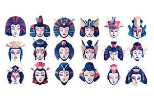 Japan asian masks cartoon vector set, an Object Illustration by Valerie Bodnar