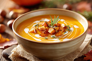 Creamy pumpkin soup with roasted pumpkin cubes, a Food & Drink Photo by AlyaAnd