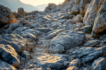 A rocky path leads through a mountainous landscape at sunset, evoking a sense o, a Background Photo by ImageMir