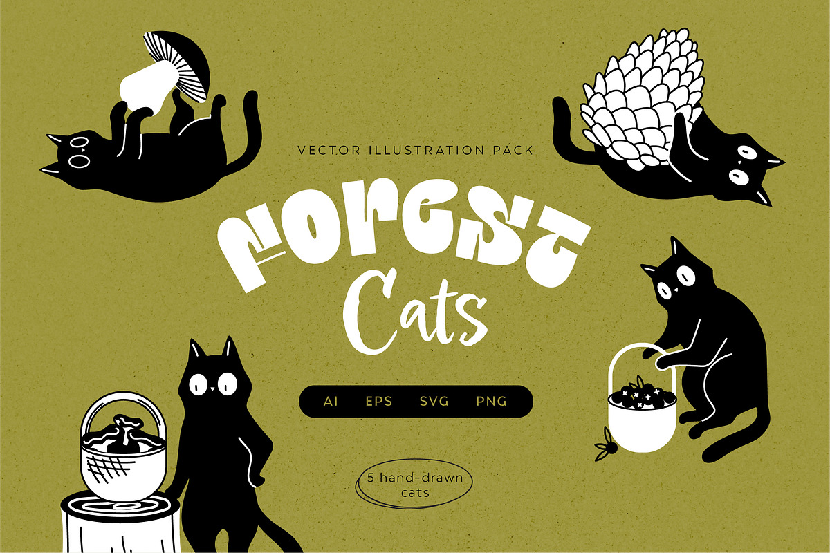 Forest Cats Vector Illustrations, an Animal Illustration by helenreveur (Photo 1 of 5)