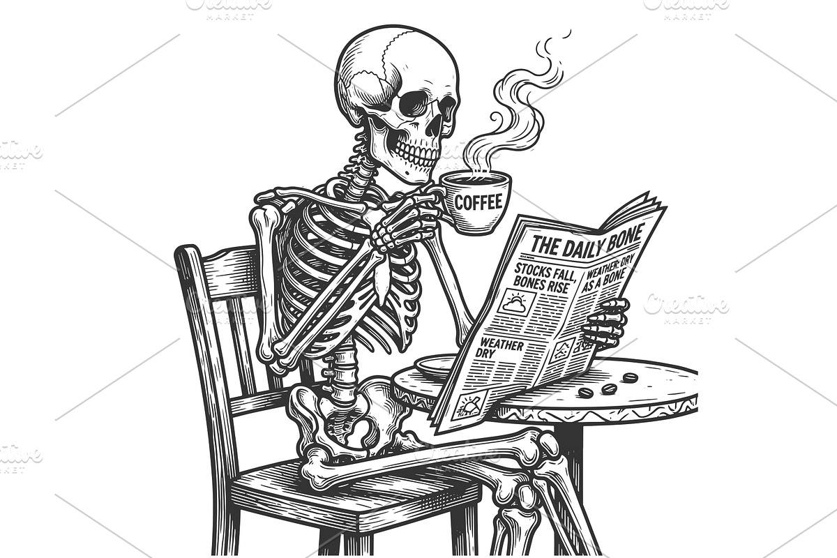 Skeleton Drinking Coffee Reading, a Person Illustration by AlexArt