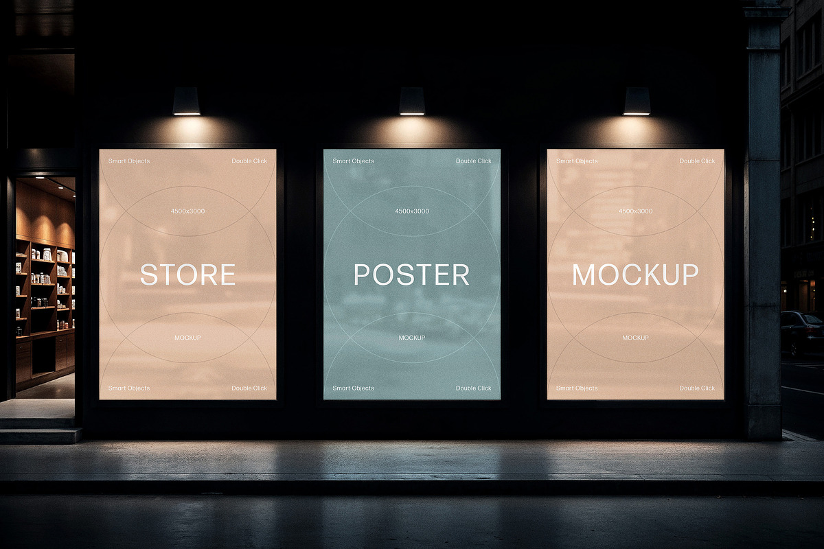 Night Storefront Posters Mockup, an Advertising Mockup by Design Squad (Photo 3 of 4)