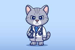 Serious Cat Doctor Cartoon Character, an Animal Illustration by Gumrega Studio