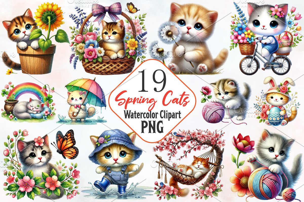 Spring Cats Sublimation Clipart, an Illustration by RobertsArt (Photo 1 of 7)