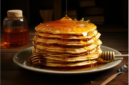Golden Pancakes honey. Generate Ai, a Food & Drink Photo by Ylivdesign