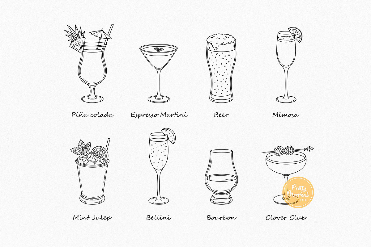 Cocktail Bundle, Line Art Clipart, a Food Illustration by Pretty Meerkat (Photo 5 of 8)