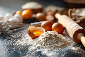 Flour and eggs on a kitchen counter prepared for baking at home in the afternoo, a Food & Drink Photo by AlyaAnd
