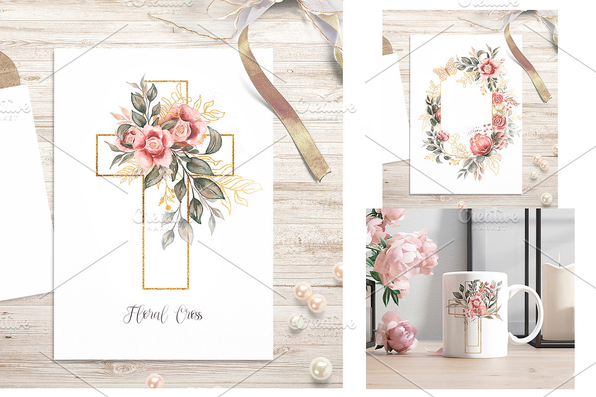 Watercolor Floral Cross, Wreath Set, a Decorative Illustration by MayaNavits (Photo 3 of 7)