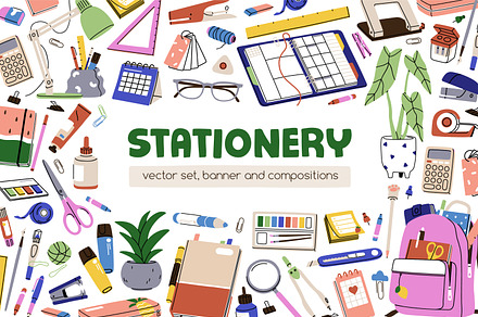 School tools, stationery set, banner, an Education Illustration by Good Studio