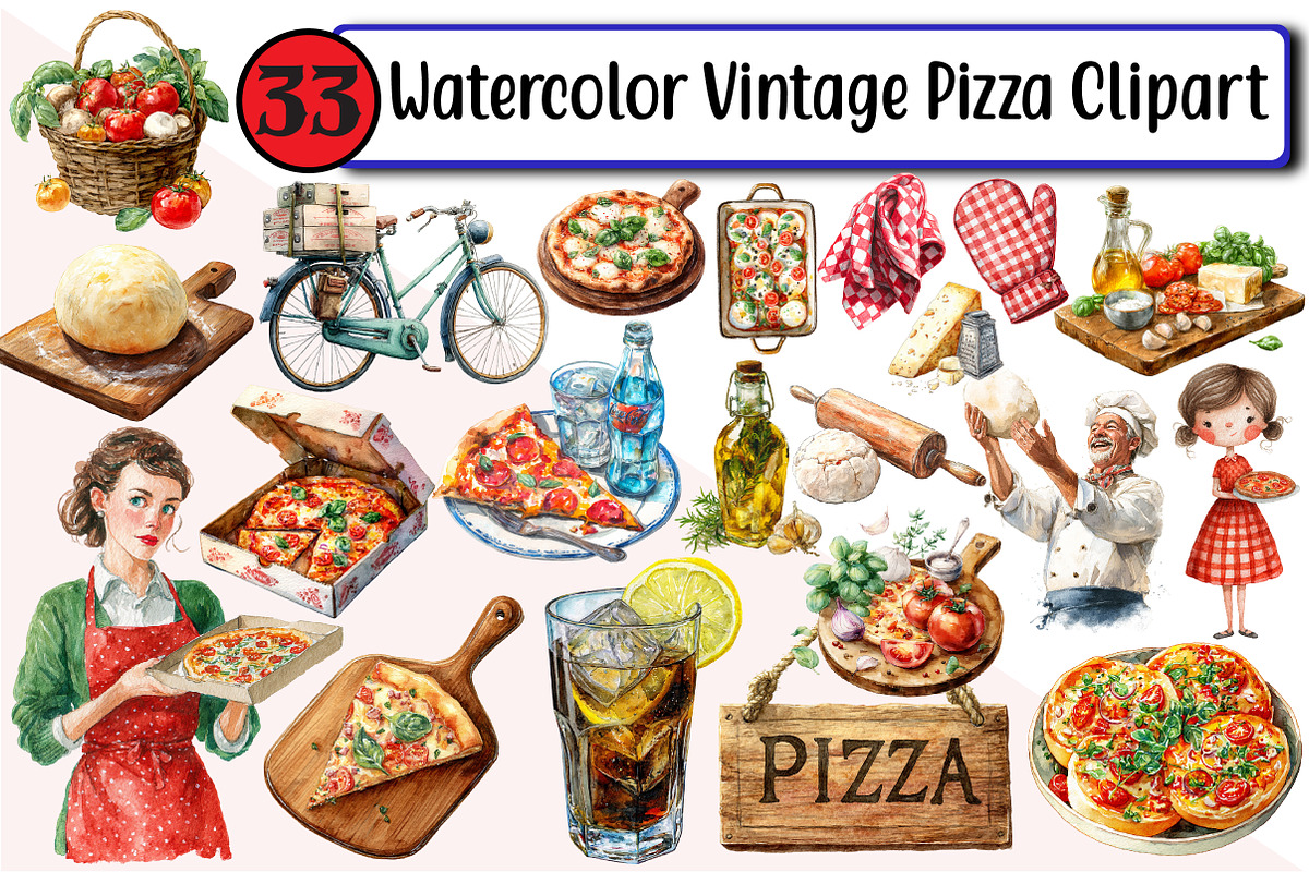Watercolor Vintage Pizza Clipart, an Illustration by Design Market (Photo 1 of 3)