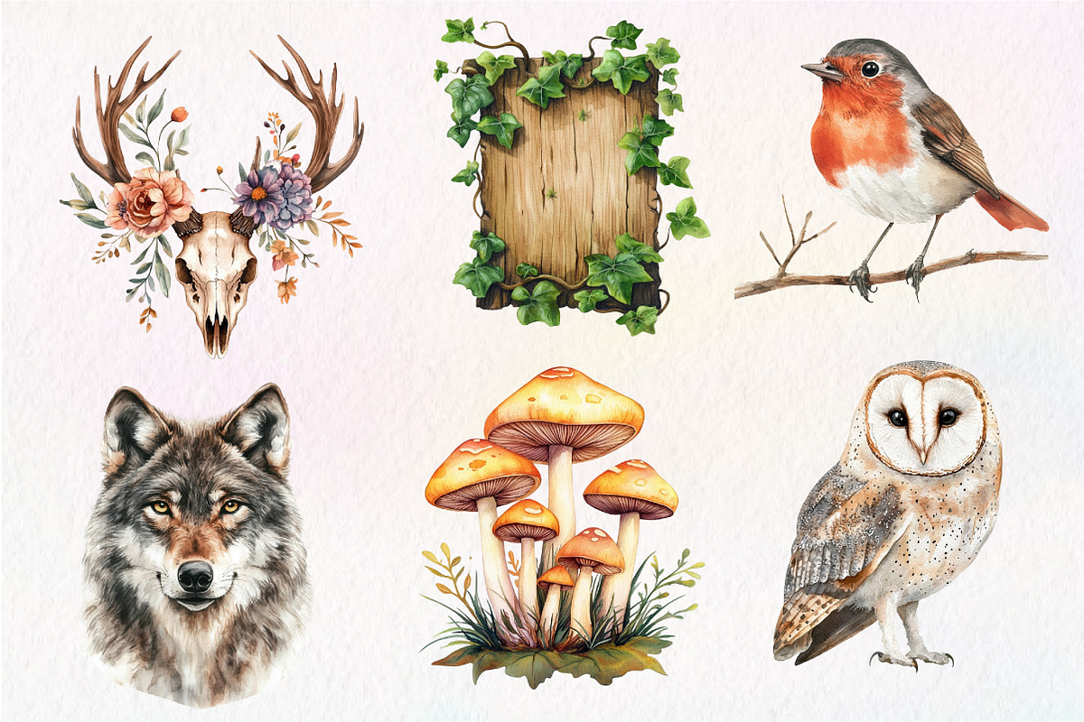 Vintage Woodland Watercolor Clipart, an Illustration by Dream Creation (Photo 3 of 7)