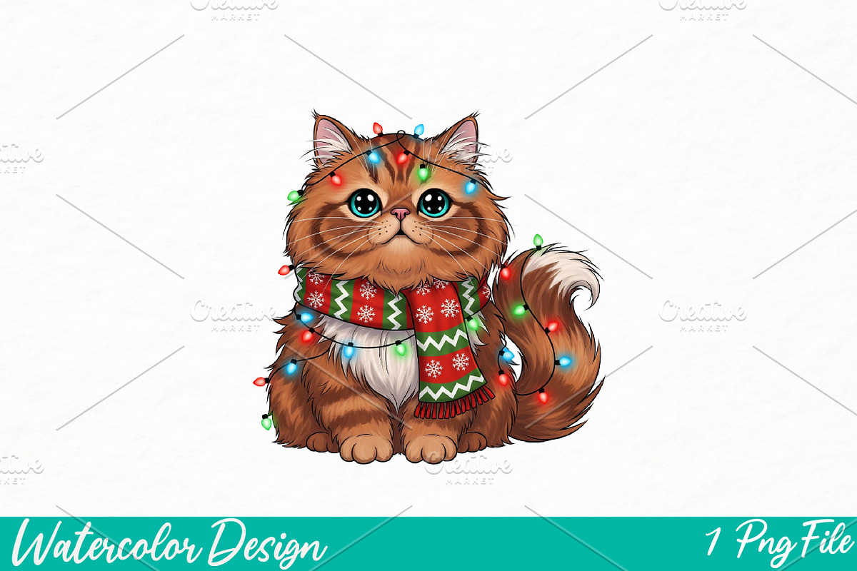 Cat Christmas Lights PNG, Spooky png, an Illustration by Watercolor design (Photo 1 of 3)