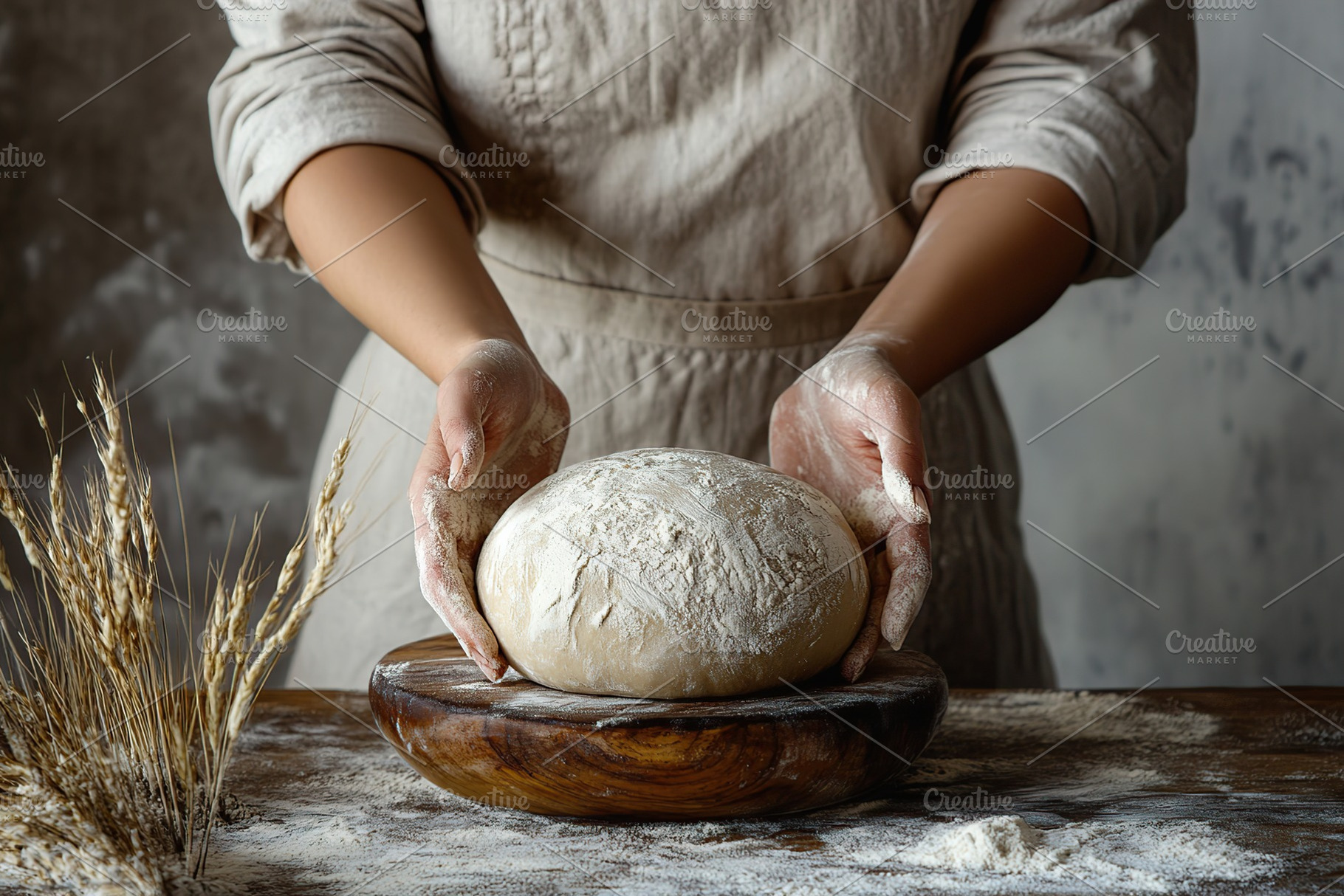 Baker preparing freshly kneaded dough in a rustic kitchen setting with soft lig, a Food & Drink Photo by AlyaAnd