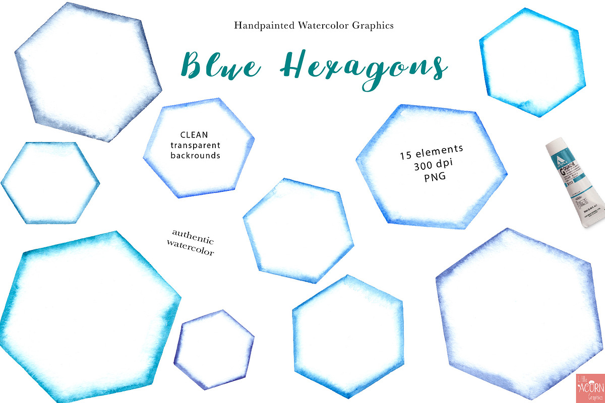 Blue Watercolor Hexagon Graphics, an Object Graphic by LittleAcornGraphics (Photo 3 of 5)