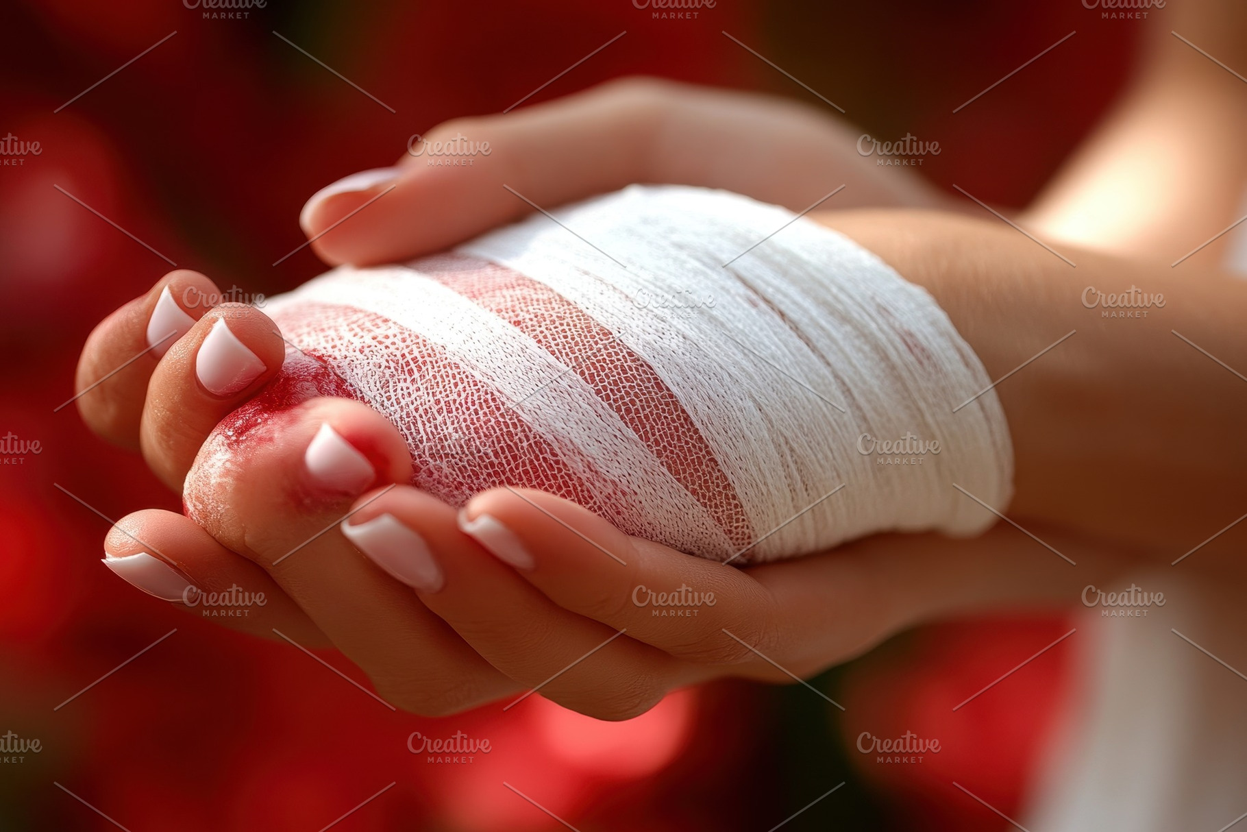 Bandaged hand showing injury with bl, a Photo by Tanuart