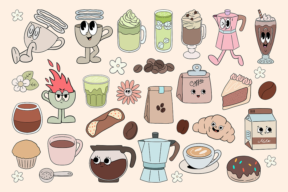 Groovy Coffee Characters Clipart, an Object Graphic by Alina Sh (Photo 3 of 8)