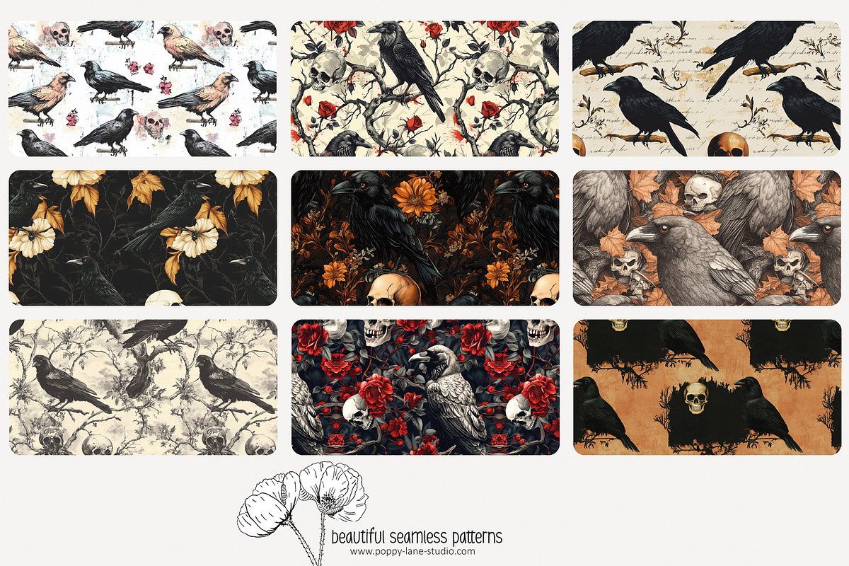 70 crows & skulls seamless pattern, a Pattern Graphic by Poppy Lane Studio (Photo 2 of 10)