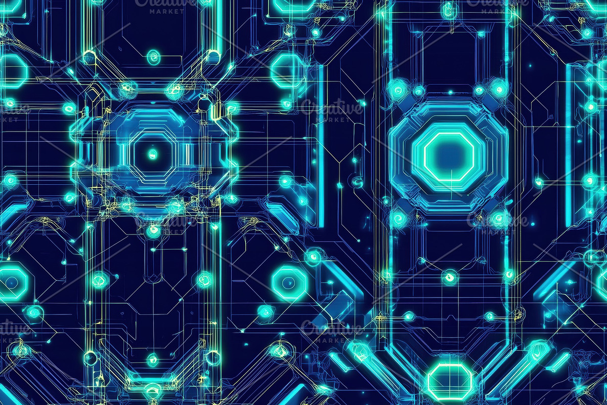 Seamless futuristic digital pattern featuring interconnected geometric shapes a, a Pattern Graphic by Textures & Backgrounds