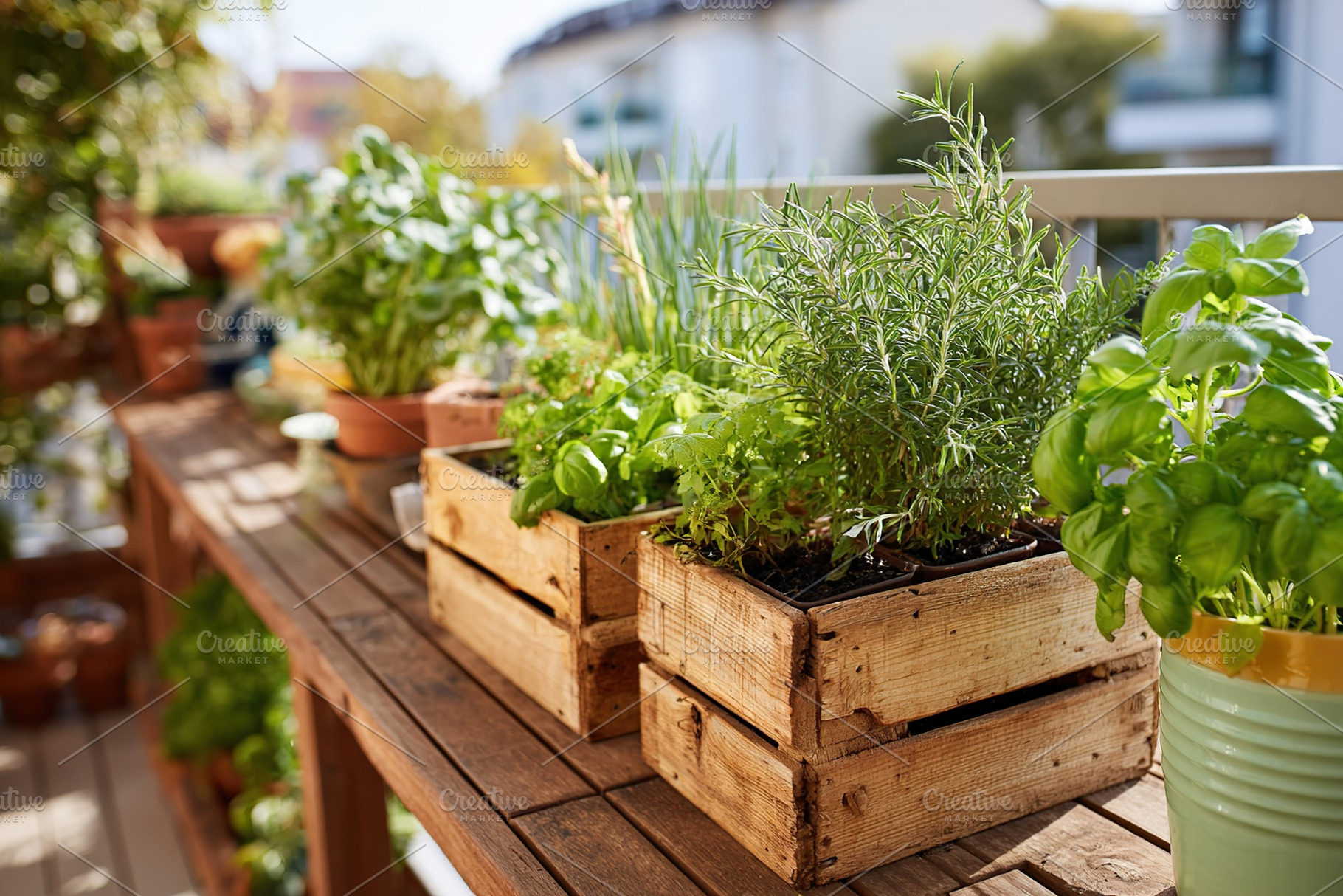 Urban balcony garden featuring vibrant herbs in wooden planters for fresh cooki, a Nature Photo by AlyaAnd