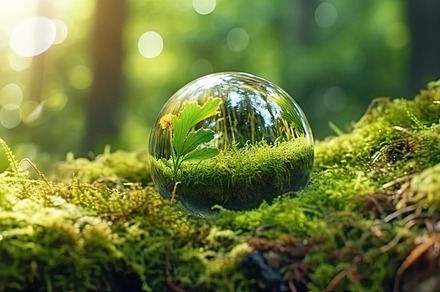 Crystal ball with green moss and dandelion flower in forest. Gen, an Arts & Entertainment Photo by AS photostudio