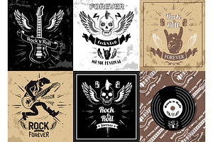 Rock And Roll Forever Logotype Sketches Set Vector