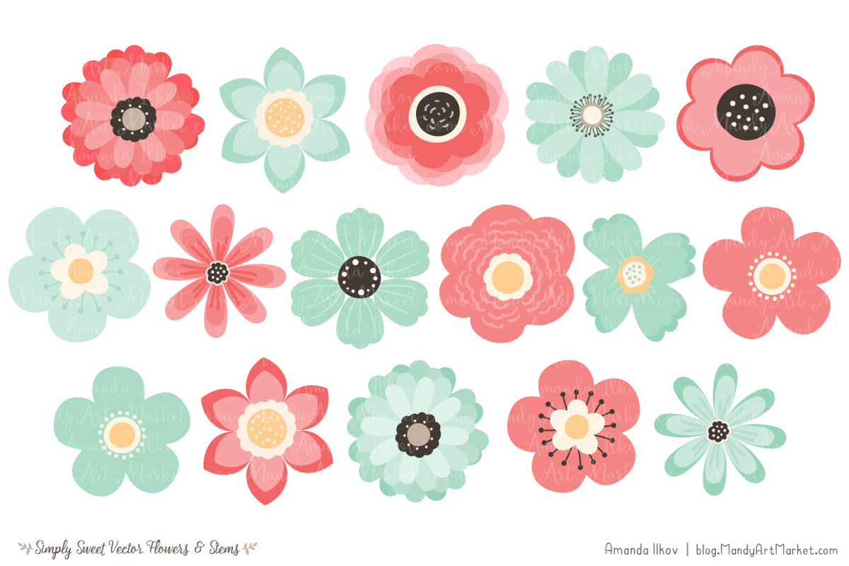 Mint & Coral Flowers Clipart, an Illustration by Amanda Ilkov (Photo 3 of 4)