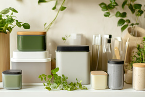 Minimalist kitchen containers with f, an Abstract Photo by Photostock