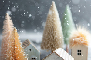 Miniature Christmas houses and trees with snow, New Year holiday, a Photo by Dvoevnore photos