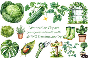 Watercolor Green Garden Clipart, an Illustration by DreamCafeArt