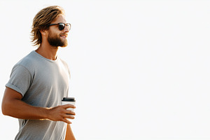Man walking outdoors with a coffee, a Food & Drink Photo by MistyDay