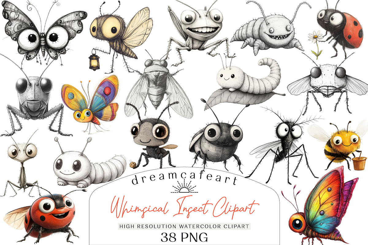 Whimsical Insect Clipart Set, an Illustration by DreamCafeArt (Photo 1 of 7)