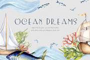 Marine collection watercolor clipart, an Illustration by Kate Lanbina (Thumbnail 1 of 13)