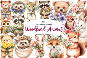 Spring Woodland Animal with Bouquet, an Illustration by CreationArt