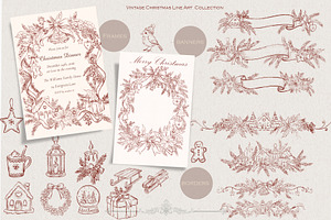 Burgundy Vintage Christmas Line Art