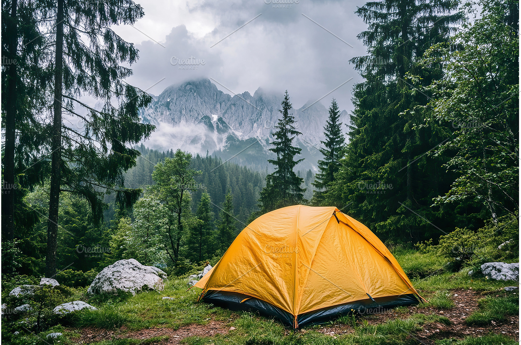 Yellow tent in forest surrounded by, an Animal Photo by Lermont51