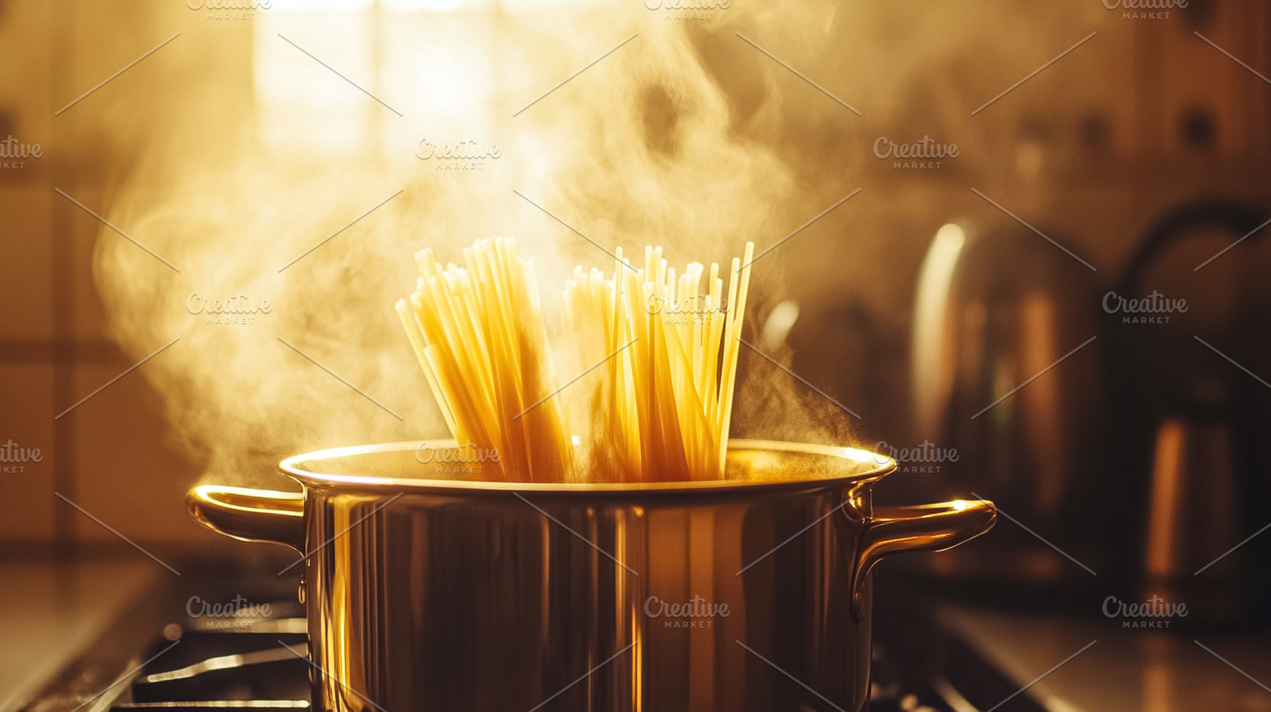 Cooking spaghetti pasta in hot boiling water with steam rising f, a Photo by Studio ANNA